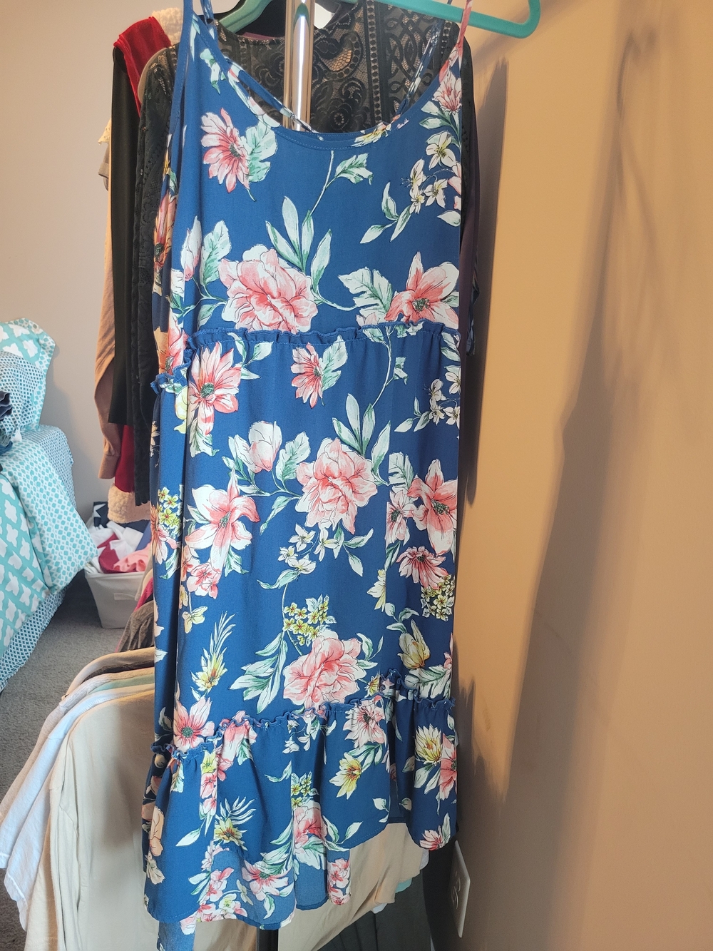 Xhilaration Blue Floral Midi Dress with Pink & White Blossoms